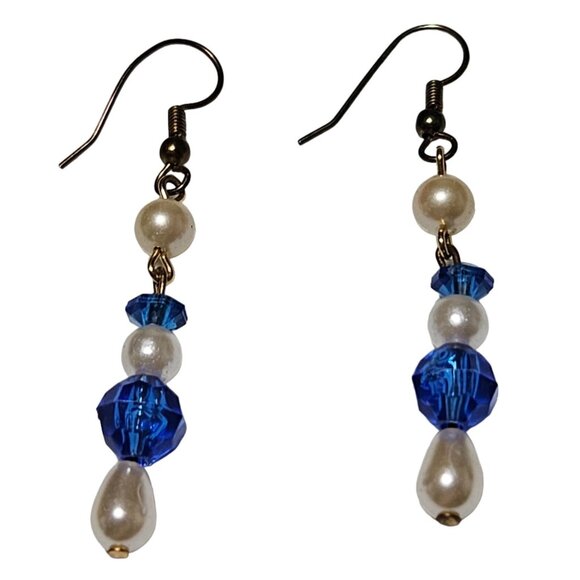 Elegant Handcrafted Blue Crystal Faux Pearl Dangle Earrings Fashion Jewelry - Picture 1 of 4